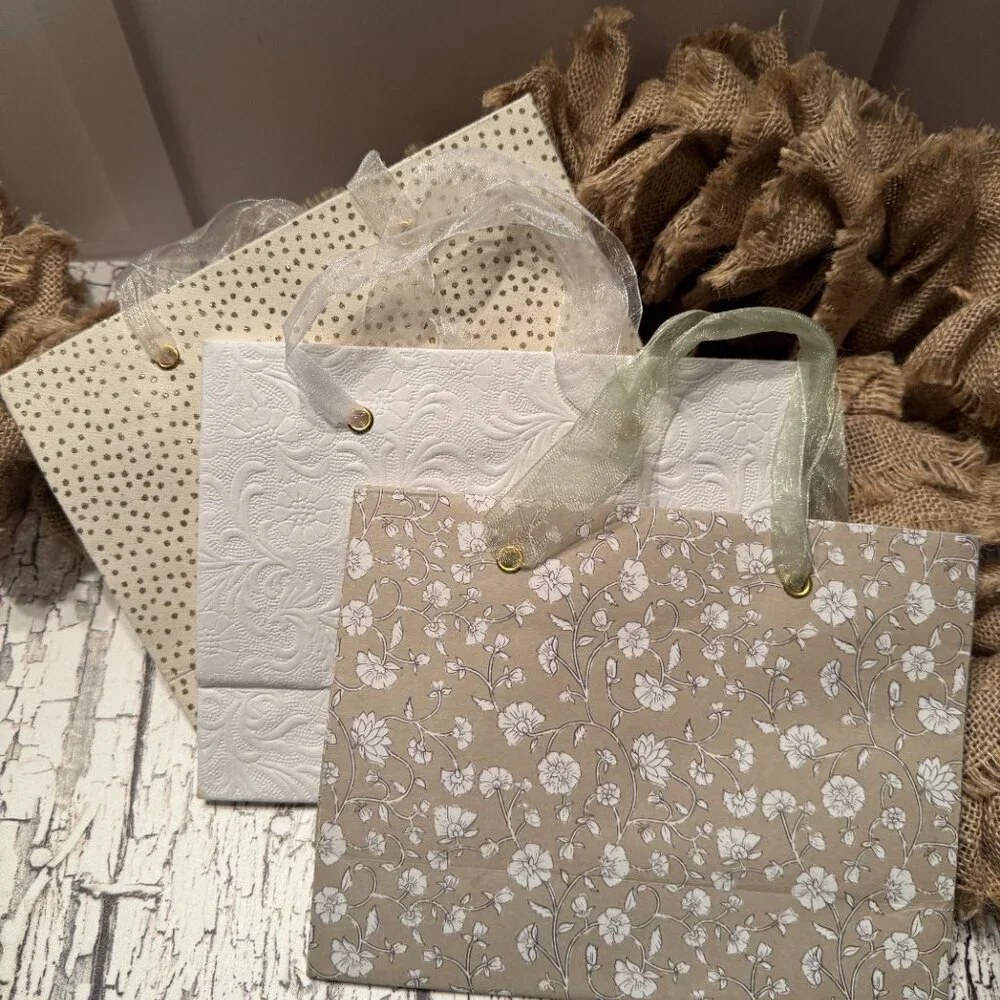 Natural Fiber Gift BagsCream Gold and White Set of 3